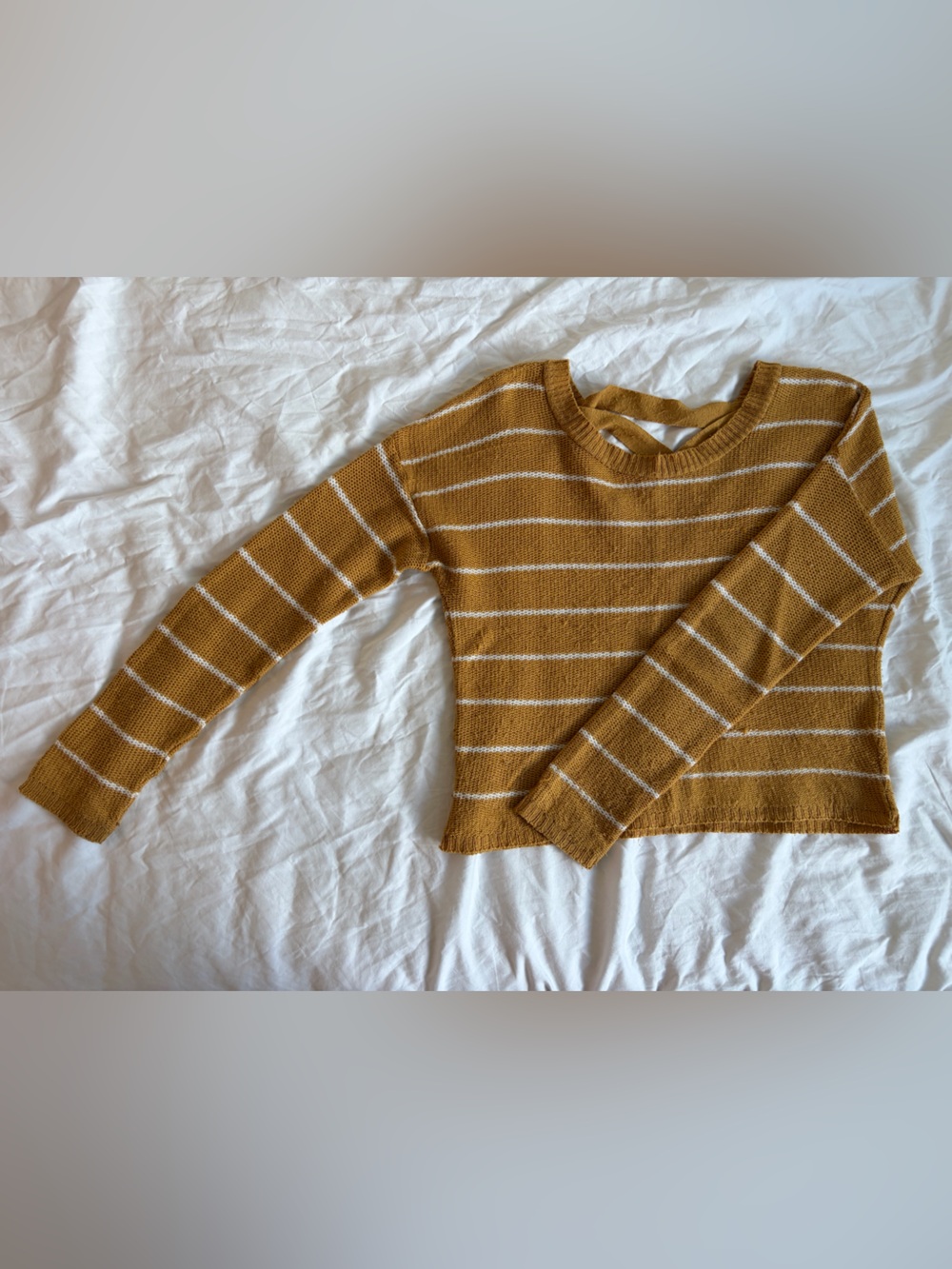 Victoria K Mustard and White Striped Crewneck Sweater